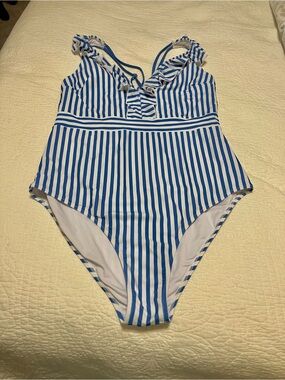 Cupshe Blue and White Striped Ruffle One-Piece Swimsuit